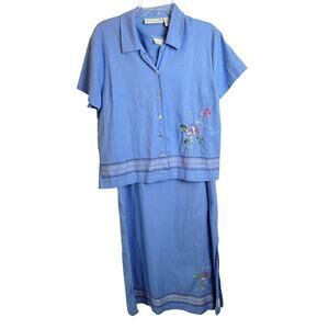 Vtg Jane Ashley Blue Floral Embroidered Linen Blend Shirt & Dress Size Large
